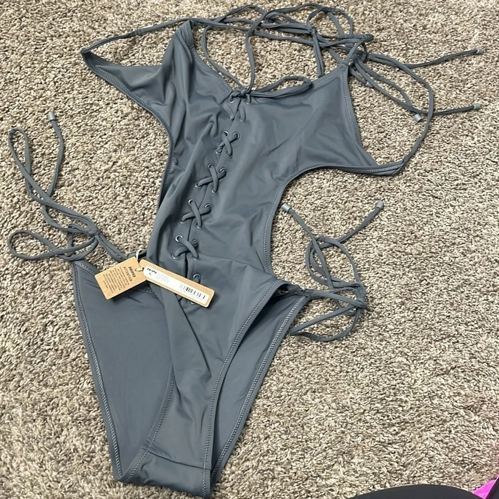 NWT SKIMS SWIM lace up monokini xlarge gunmetal